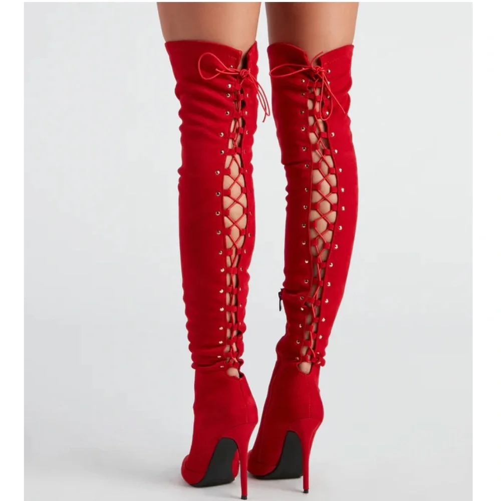 Red High Heel Open Back Corset Lace Up Thigh High Boot - Picture 3 of 11